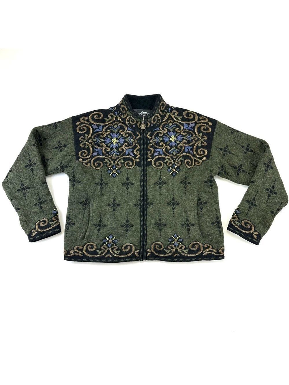 Vintage Icelandic zip cardigan Womens wool cotton
Lined sweater Alpine Fairisle